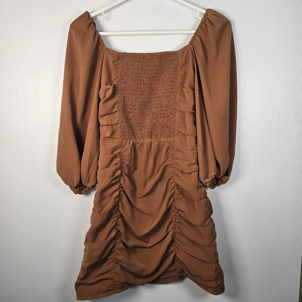 NWT Abercrombie & Fitch Womwn's Ruched Mini Dress Puff Elbow Sleeve Cognac SizeS - Picture 4 of 14